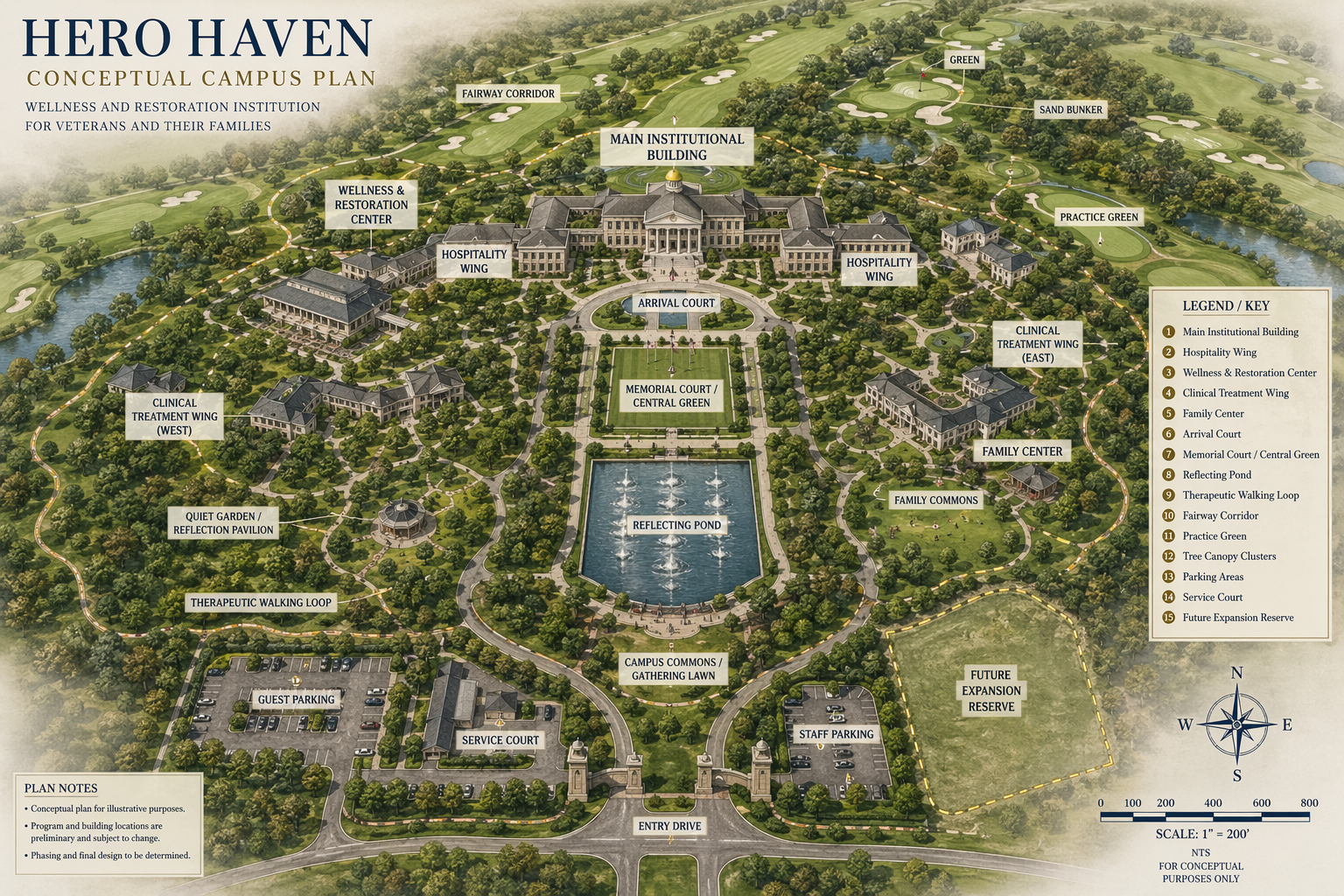 Hero Haven conceptual campus plan — a destination-quality wellness and restoration institution for veterans and their families in Texas